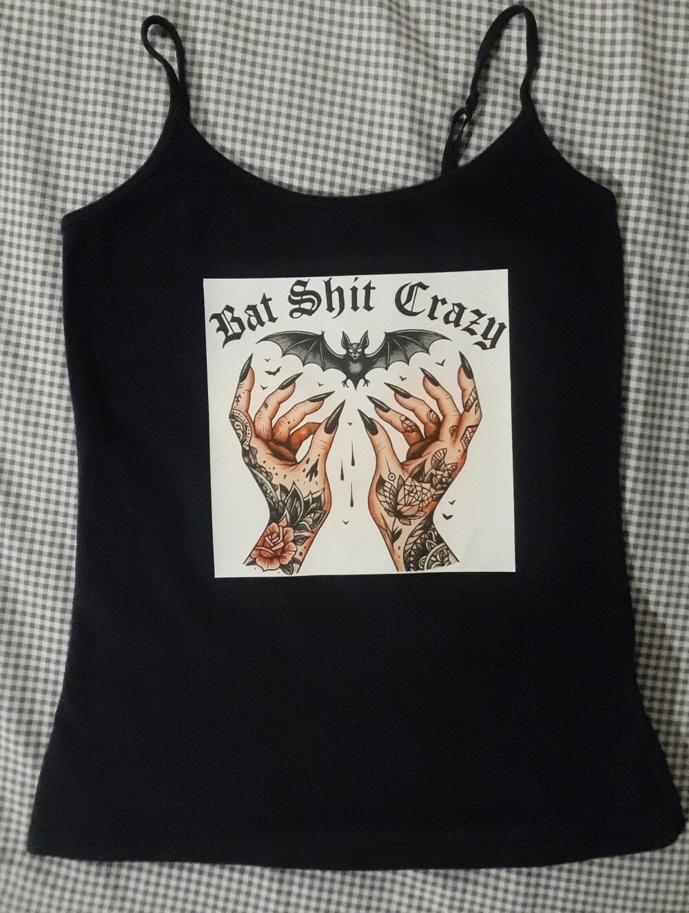 Custom made Black Graphic Spaghetti Strap Tank Top with 'Bat Shit Crazy' Print